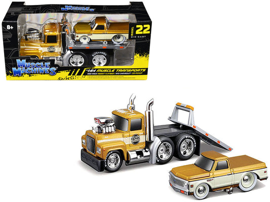 1980 Mack A685ST Flatbed Truck Gold Metallic with Beige Stripes "Madman Garage" and 1972 Chevrolet C10 Pickup Truck Gold Metallic and Beige "Muscle Transports" Series 1/64 Diecast Models by Muscle Machines-0