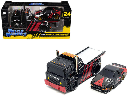 JDM Flatbed Truck #25 Black and Red and 1983-85 Toyota Trueno Sprinter (AE86) #25 Black and Red "Advan" Livery "Muscle Transports" Series 1/64 Diecast Models by Muscle Machines-0