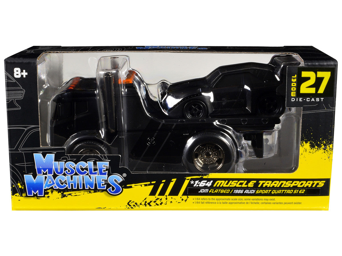 JDM Flatbed Truck Matt Black and 1986 Audi Sport Quattro S1 E2 Matt Black "Muscle Transports" Series 1/64 Diecast Models by Muscle Machines Muscle Machines