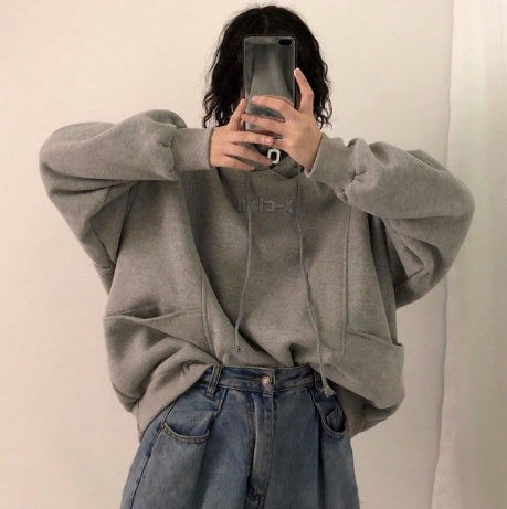Hoodies Women Autumn Winter New Korean Style Student Loose Embroidered Simple Plus Velvet High Quality Soft Womens Clothing Chic Accent Plus