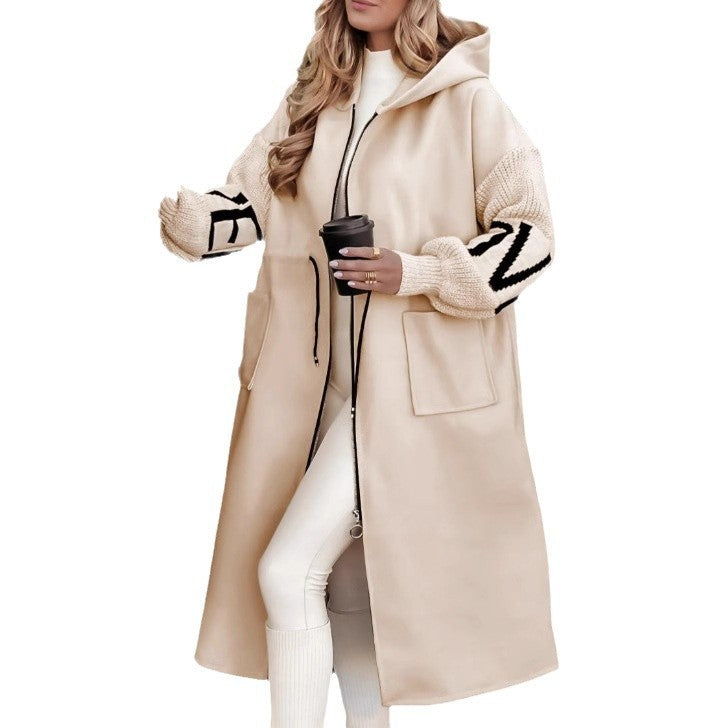 Hooded Windbreaker Long Jacket With Pockets And Drawstring Design Solid Color Knit-Sleeved Trench Coat For Women Clothing Fall Winter LadyShow.Store