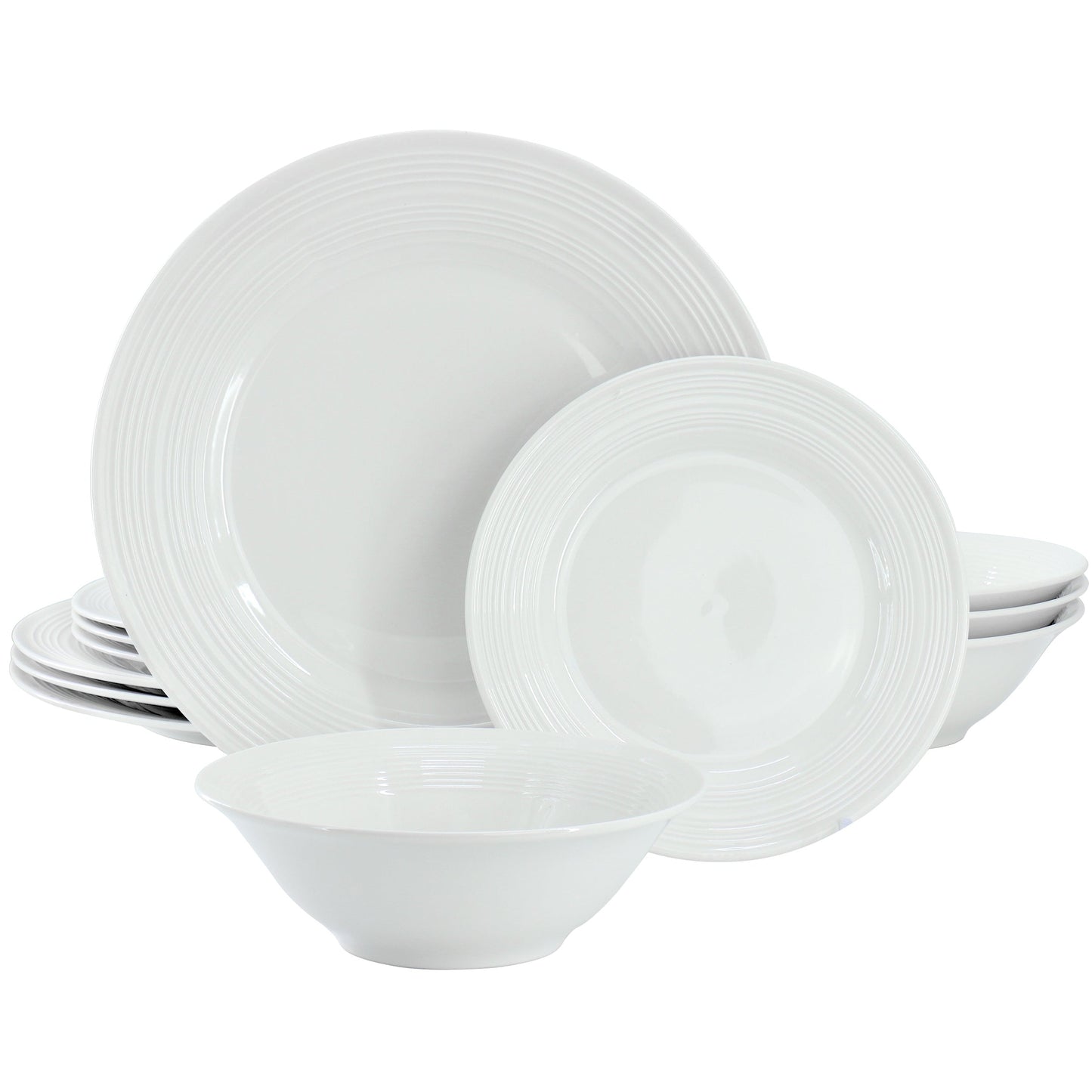 Gibson Home Everyday Embossed 12 Piece Round Ceramic Dinnerware Set in White W2B