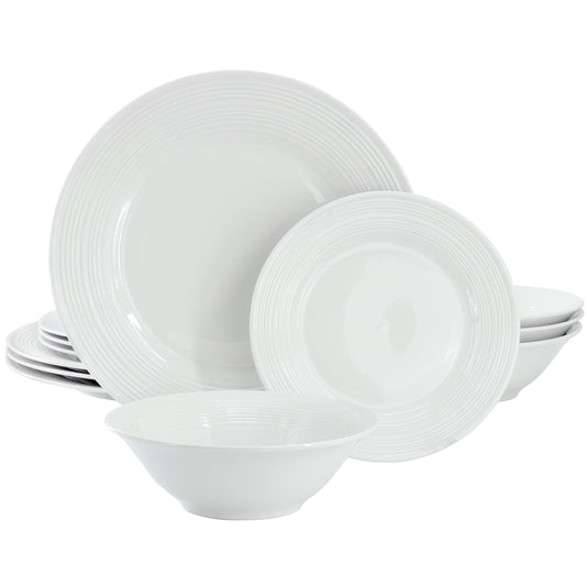 Gibson Home Everyday Embossed 12 Piece Round Ceramic Dinnerware Set in White W2B