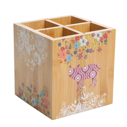 Gibson Urban Market 5.5 Inch Square Bamboo Utensil Holder in Animal and Floral Print