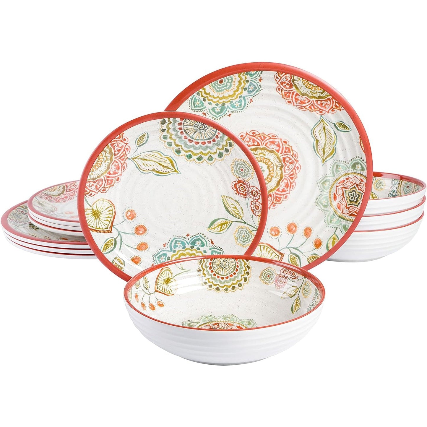 Laurie Gates Brick Floral Ripple 12 Piece Melamine Dinnerware Set in Red W2B