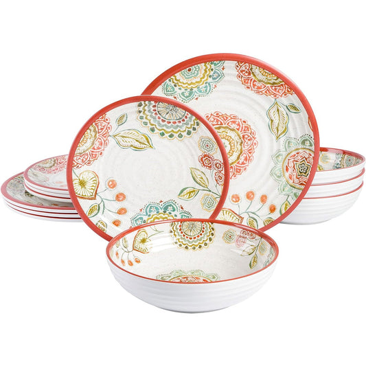 Laurie Gates Brick Floral Ripple 12 Piece Melamine Dinnerware Set in Red W2B