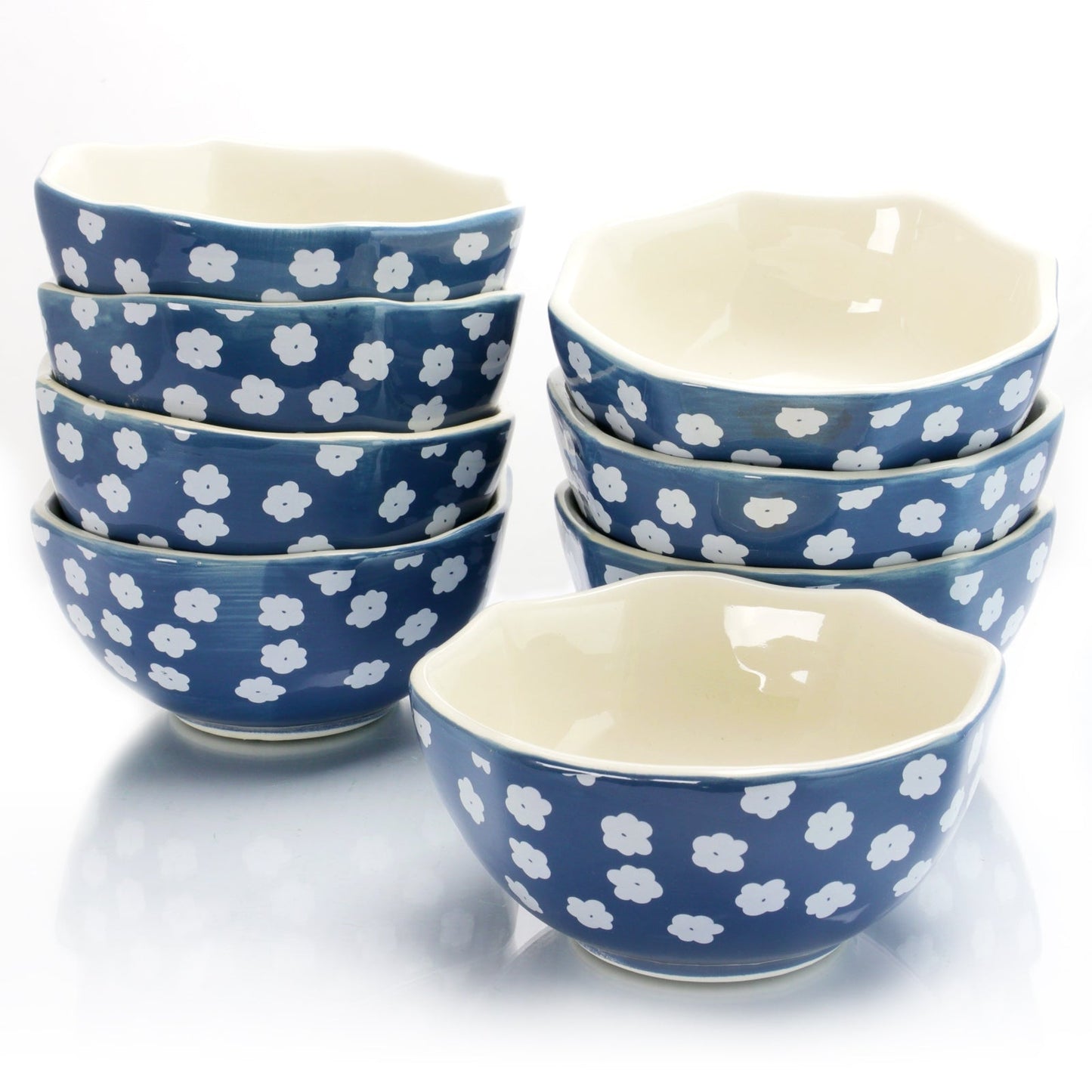 Life On The Farm 8 Piece 4.75 Inch Octagon Shaped Durastone Fruit Bowls in Blue/White W2B