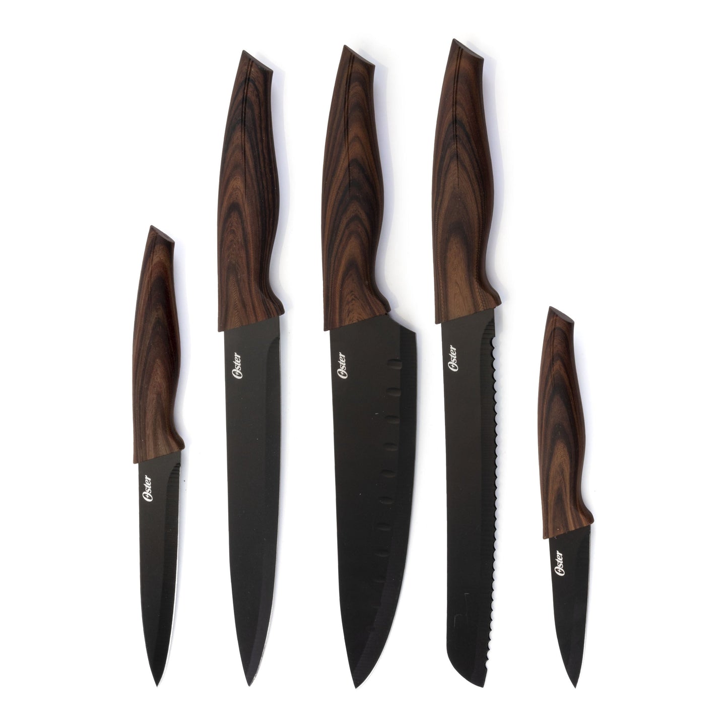 Oster Godfrey 5 Piece Stainless Steel Black Cutlery Set with Wood Print Handles W2B