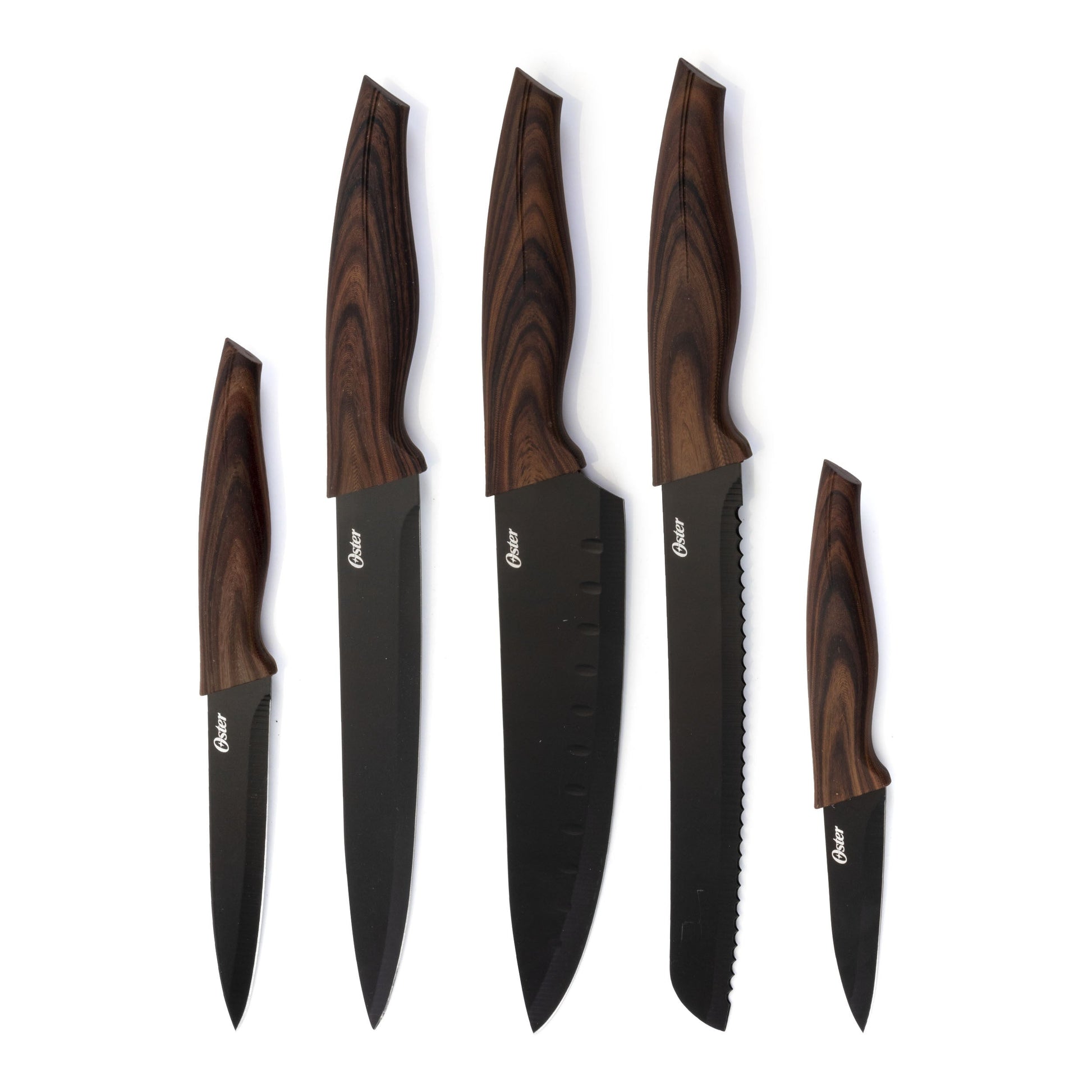 Oster Godfrey 5 Piece Stainless Steel Black Cutlery Set with Wood Print Handles W2B