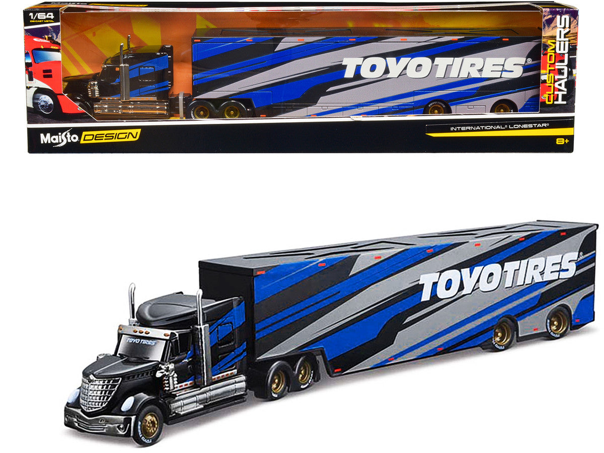 International LoneStar Enclosed Car Transporter "Toyo Tires" Black with Blue and Gray Stripes "Custom Haulers" Series 1/64 Diecast Model by Maisto Maisto