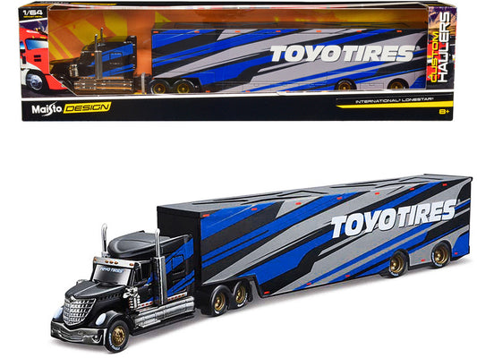 International LoneStar Enclosed Car Transporter "Toyo Tires" Black with Blue and Gray Stripes "Custom Haulers" Series 1/64 Diecast Model by Maisto Maisto