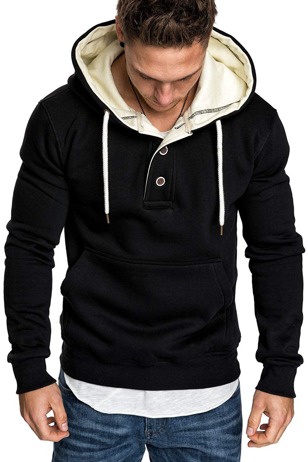 Button-trimmed hooded fleece sweatshirt Best YouTube Store