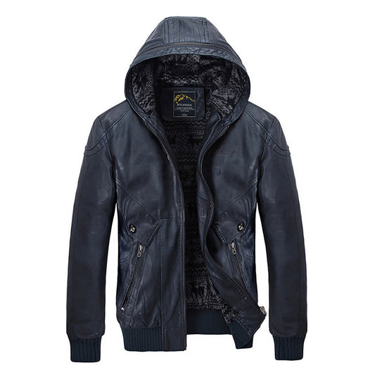 Thickened leather hooded jacket