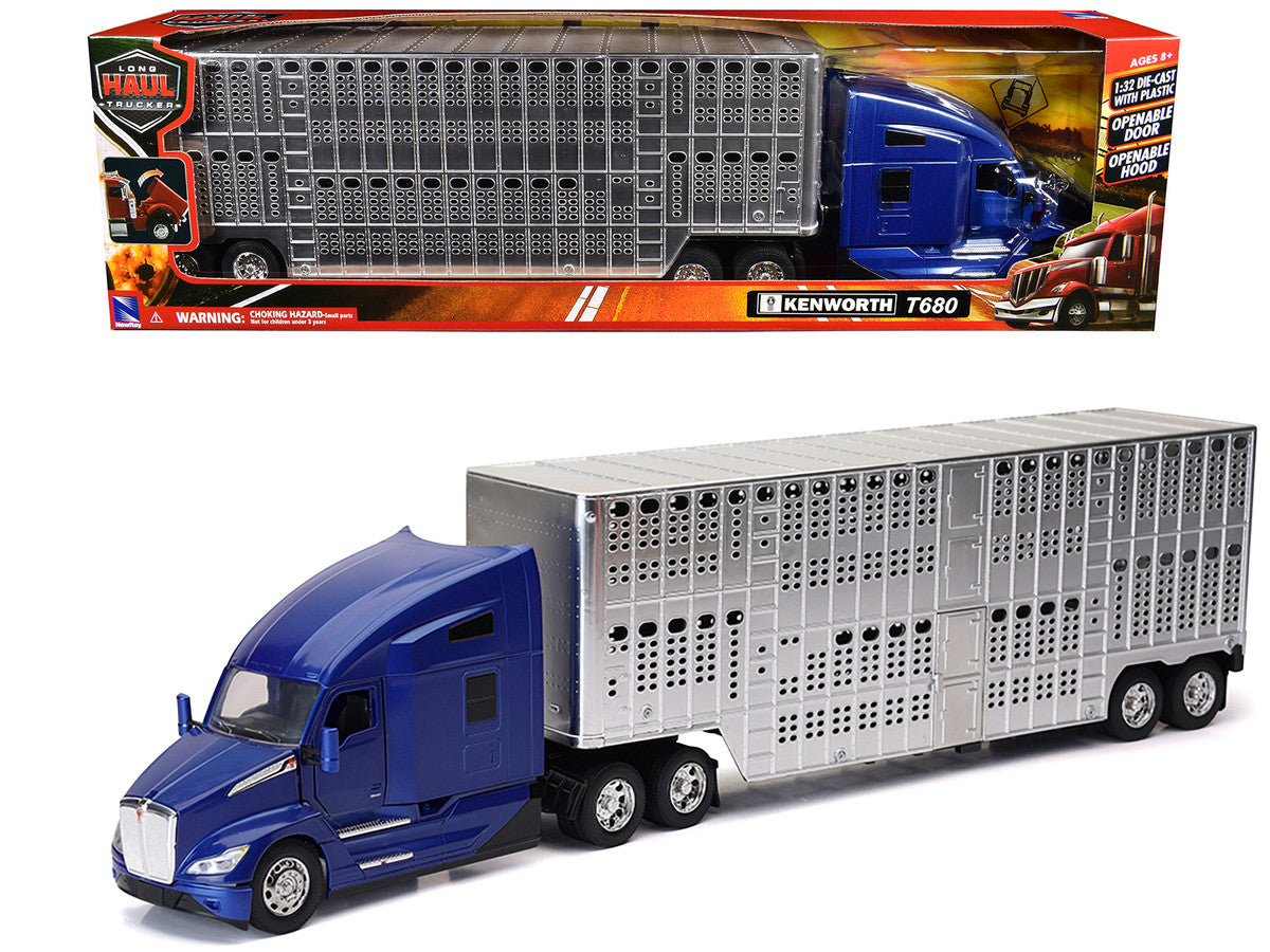 Kenworth T680 Truck Blue Metallic with Livestock Trailer Chrome "Long Haul Trucker" Series 1/32 Diecast Model by New Ray New Ray