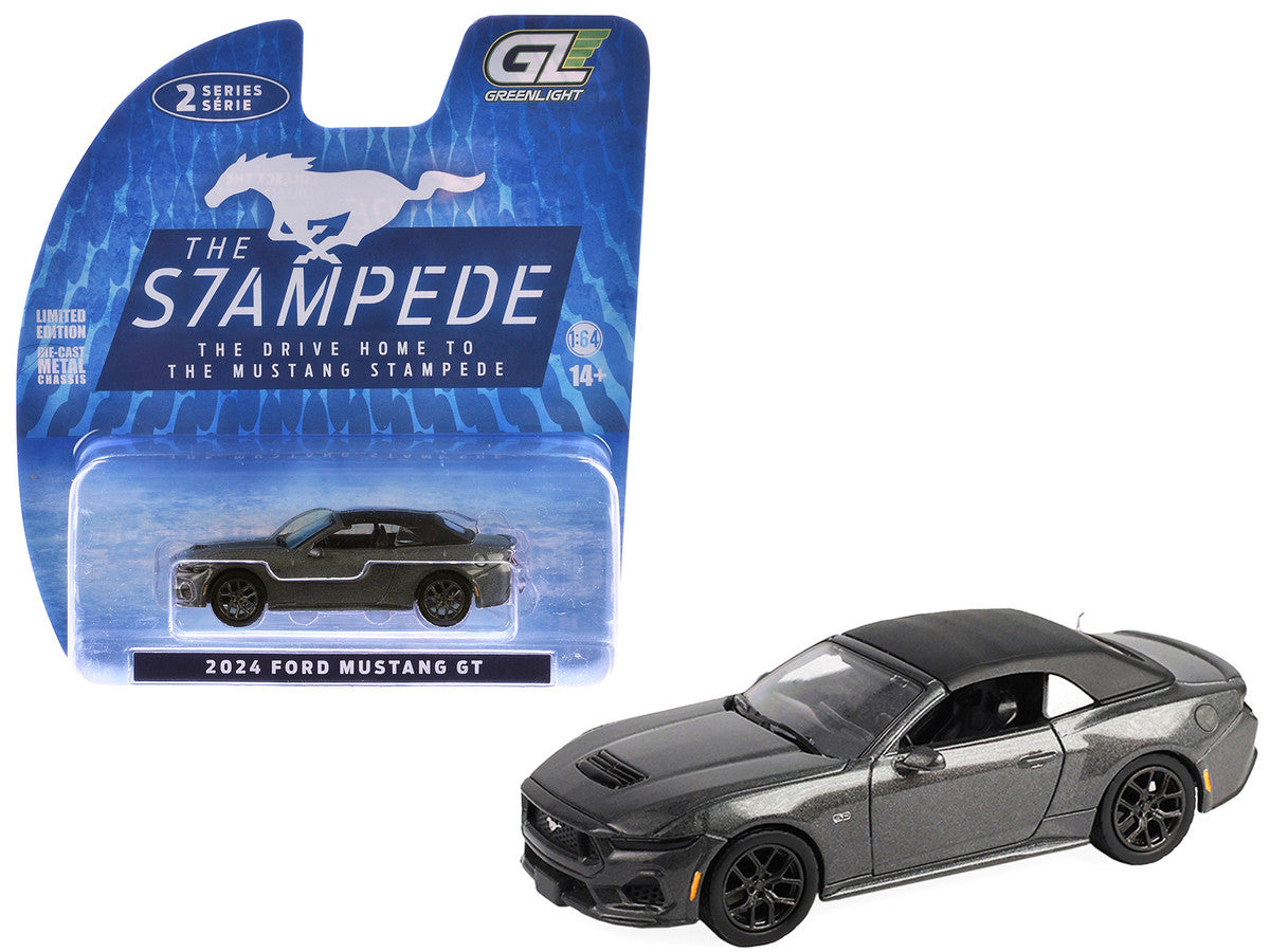 2024 Ford Mustang GT 5.0 Convertible Dark Matter Gray Metallic with Black Soft Top "Stampede" Series 2 1/64 Diecast Model Car by Greenlight Greenlight