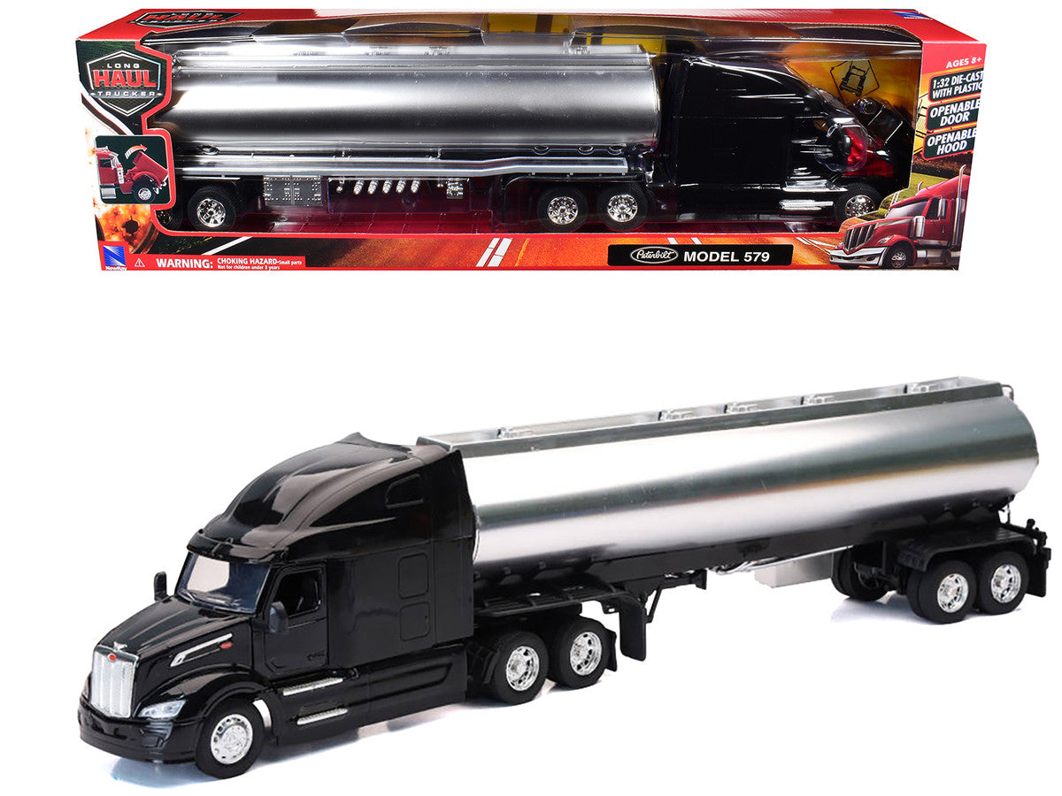 Peterbilt 579 Truck Black with Tanker Trailer Silver "Long Haul Truckers" Series 1/32 Diecast Model by New Ray New Ray