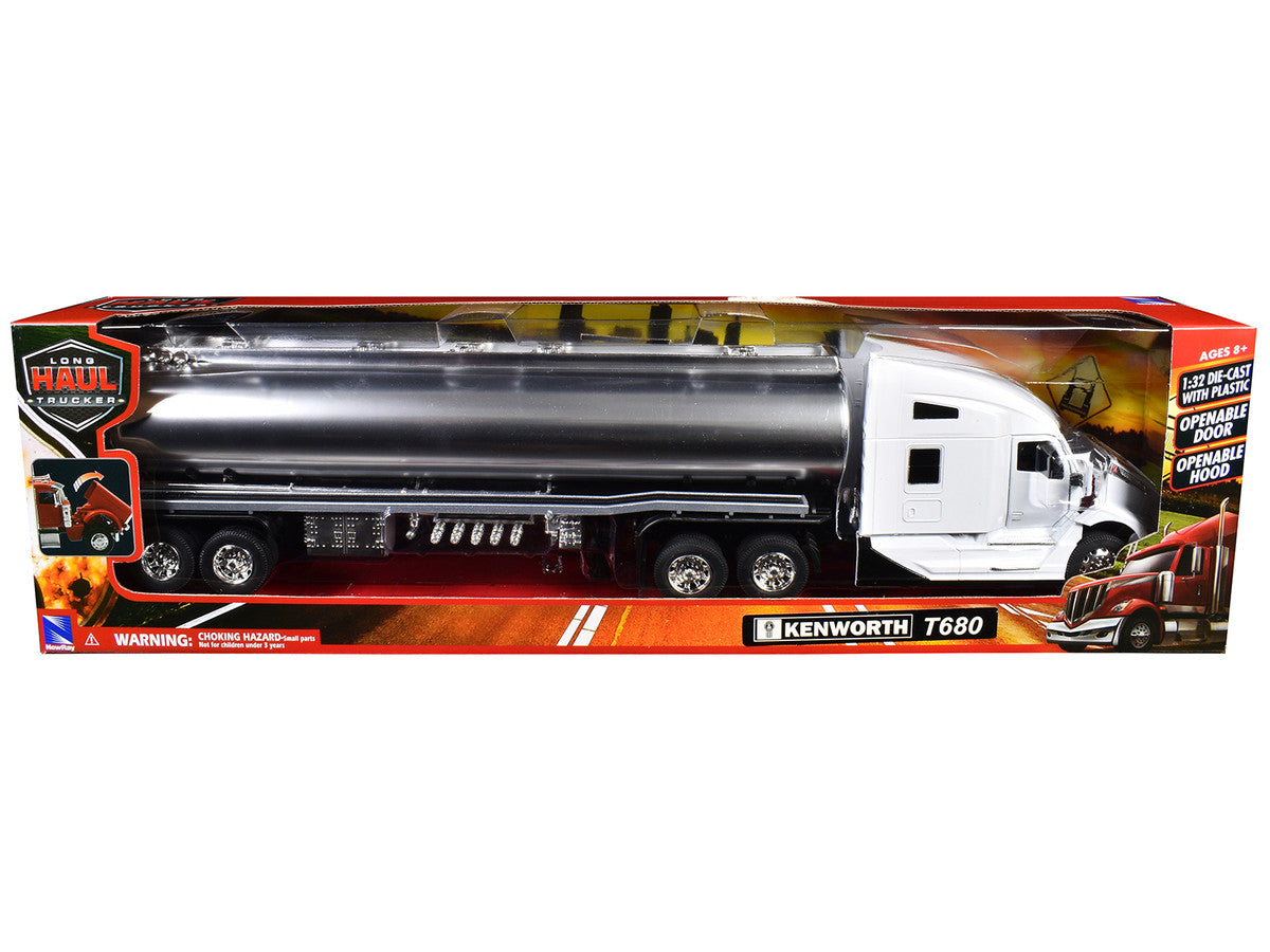 Kenworth T680 Truck White with Oil Tanker Trailer Chrome "Long Haul Trucker" Series 1/32 Diecast Model by New Ray New Ray