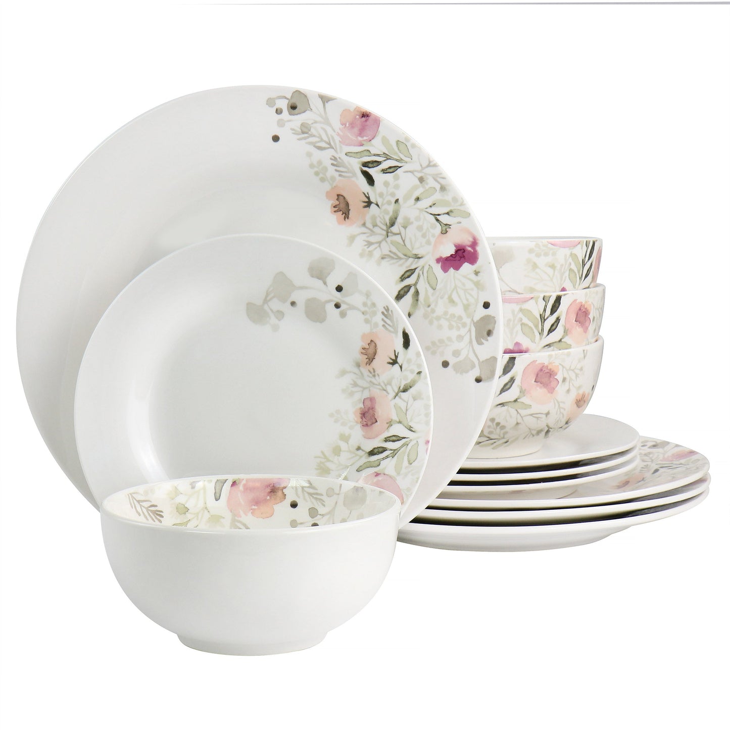 Gibson Home Lily Garden Ceramic 12 Piece Dinnerware Set in White and Pink W2B