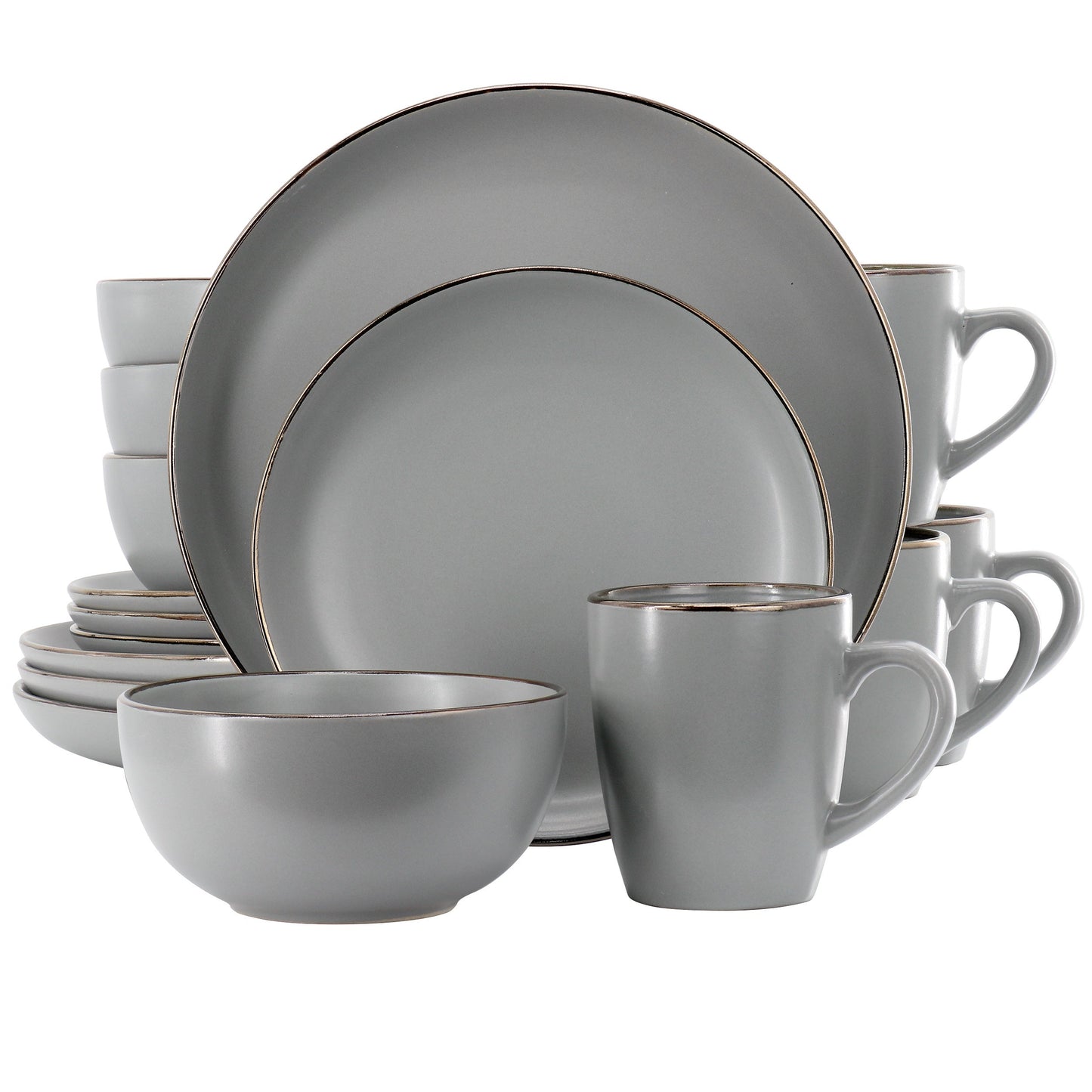 Gibson Home Rockaway 16 Piece Stoneware Gold Rimmed Dinnerware Set in Grey W2B