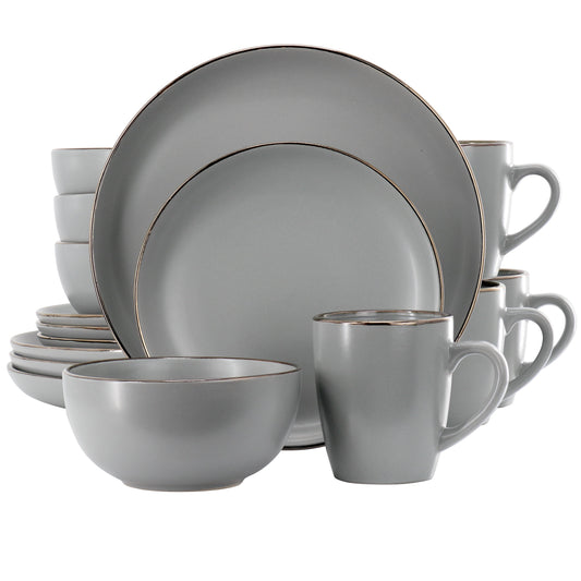 Gibson Home Rockaway 16 Piece Stoneware Gold Rimmed Dinnerware Set in Grey W2B