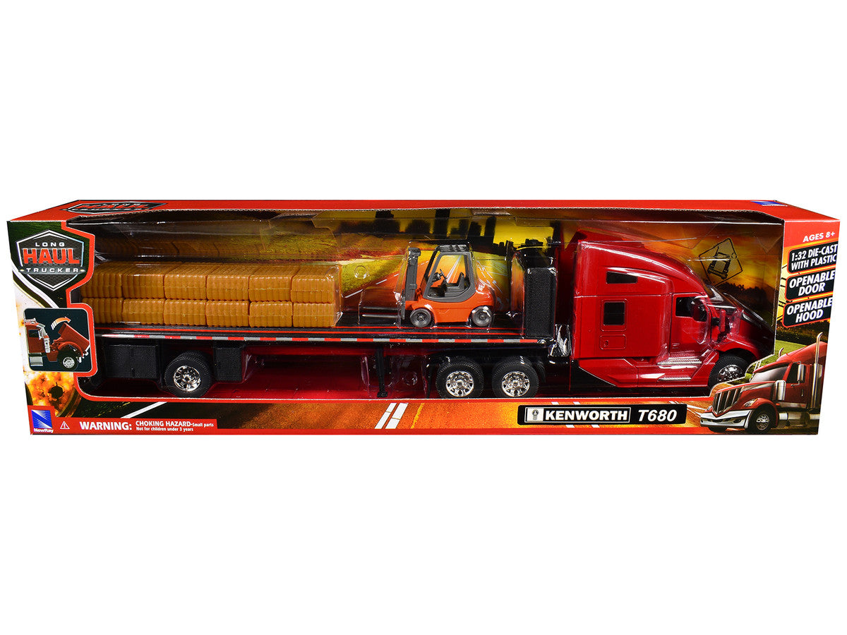Kenworth T680 Truck Red and Flatbed Trailer with Forklift and Hay Load "Long Haul Trucker" Series 1/32 Diecast Model by New Ray-2