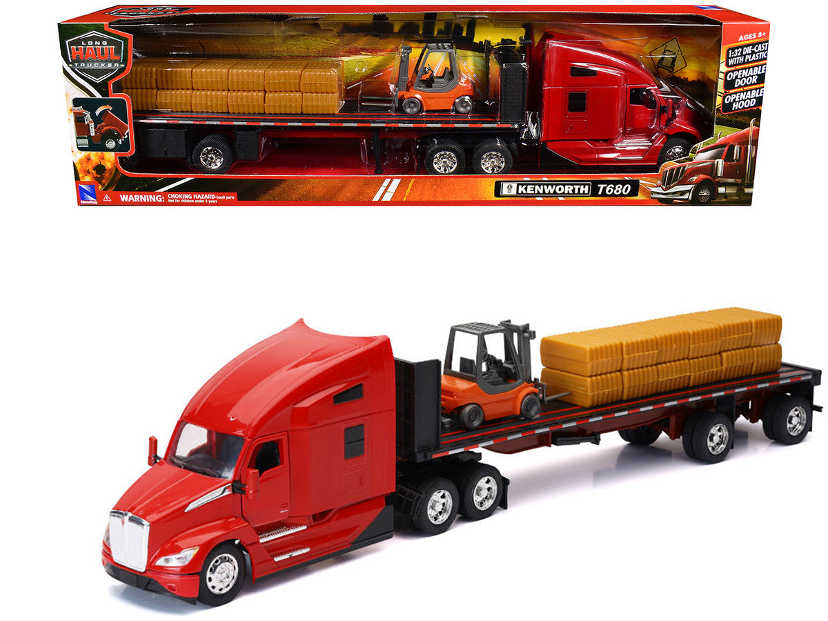 Kenworth T680 Truck Red and Flatbed Trailer with Forklift and Hay Load "Long Haul Trucker" Series 1/32 Diecast Model by New Ray-0