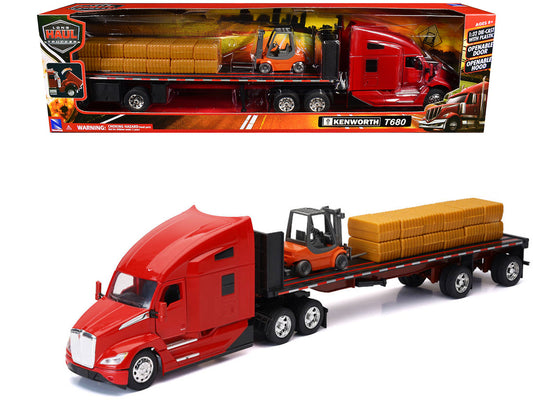 Kenworth T680 Truck Red and Flatbed Trailer with Forklift and Hay Load "Long Haul Trucker" Series 1/32 Diecast Model by New Ray-0