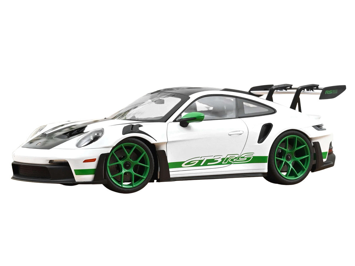 2022 Porsche 911 GT3 RS with Weissach Pack "Tribute to Carrera RS" White with Carbon Hood and Top and Python Green Stripes 1/12 Diecast Model Car by Norev Norev