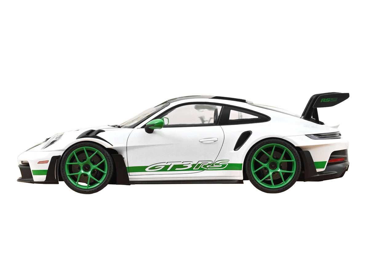 2022 Porsche 911 GT3 RS with Weissach Pack "Tribute to Carrera RS" White with Carbon Hood and Top and Python Green Stripes 1/12 Diecast Model Car by Norev Norev