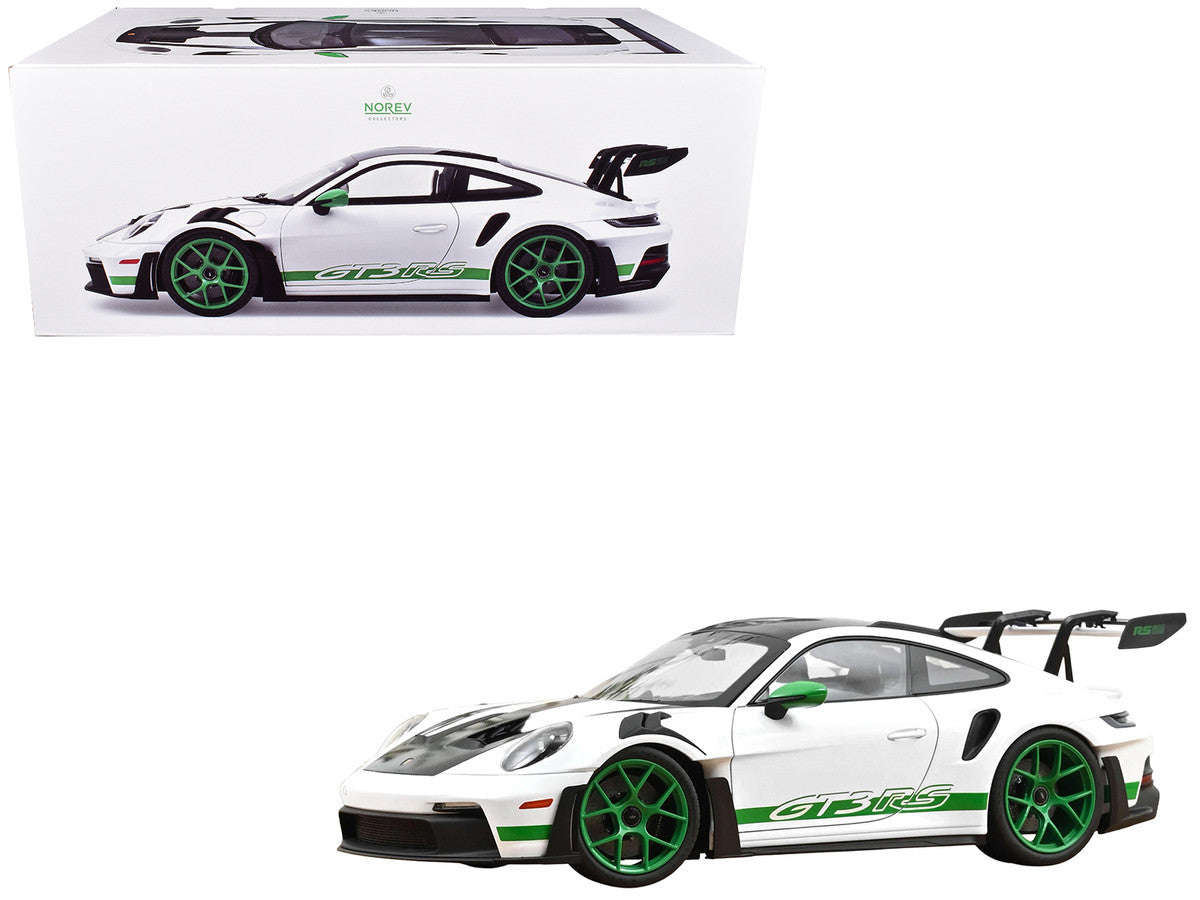 2022 Porsche 911 GT3 RS with Weissach Pack "Tribute to Carrera RS" White with Carbon Hood and Top and Python Green Stripes 1/12 Diecast Model Car by Norev Norev