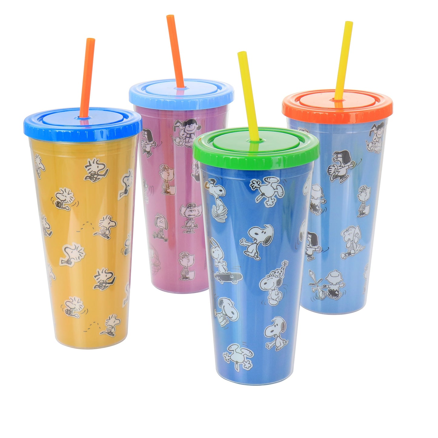 Gibson Peanuts 70th Anniversary 4 Piece Plastic 23.6oz Tumbler set with Lid and Straw in Assorted Colors W2B