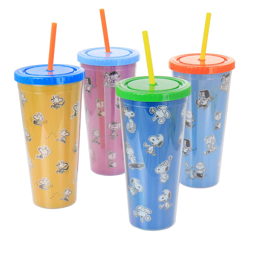 Gibson Peanuts 70th Anniversary 4 Piece Plastic 23.6oz Tumbler set with Lid and Straw in Assorted Colors W2B