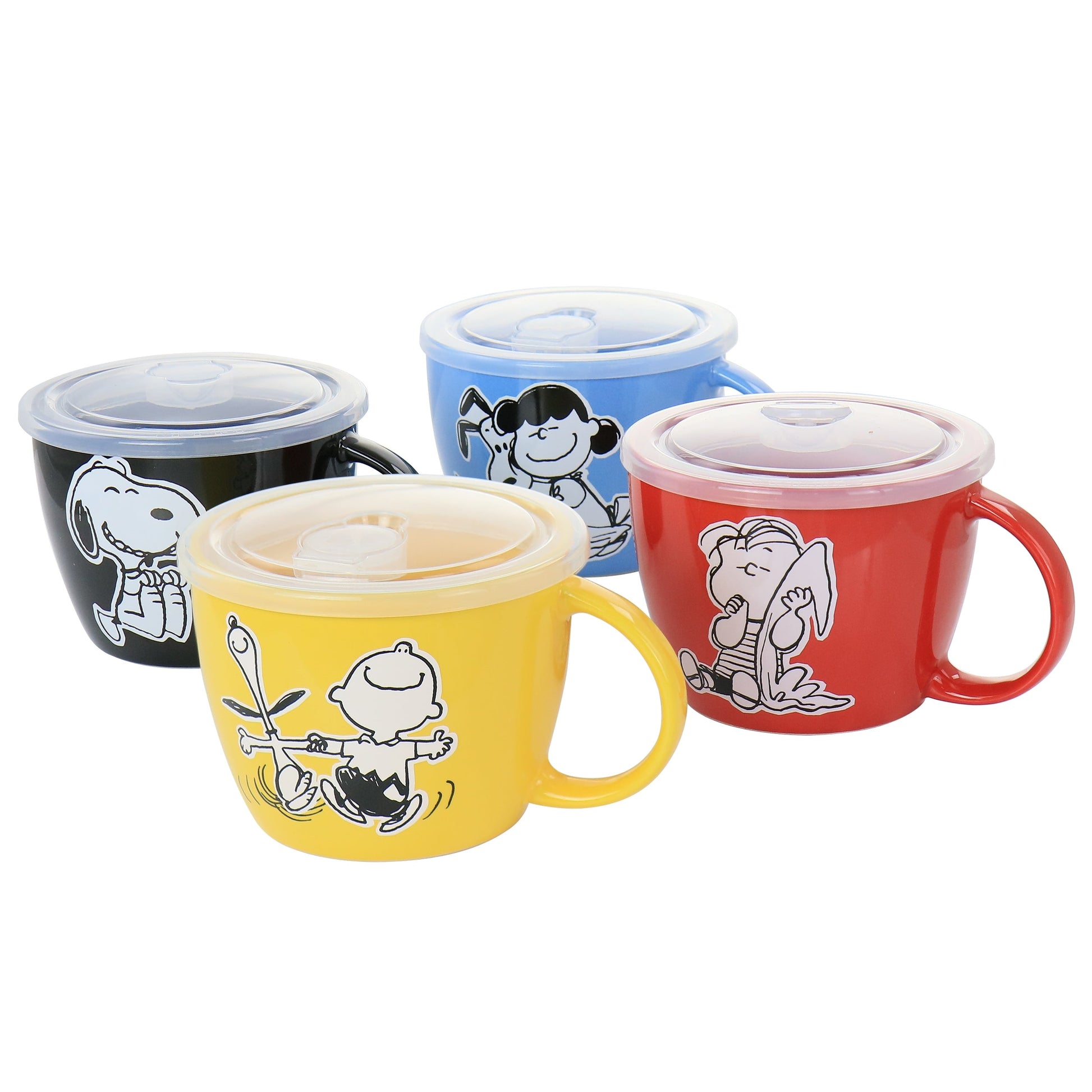 Gibson Peanuts 70th Anniversary 4 Piece Stoneware 23.5oz Soup Bowl Set with Vented Lids in Assorted Colors W2B