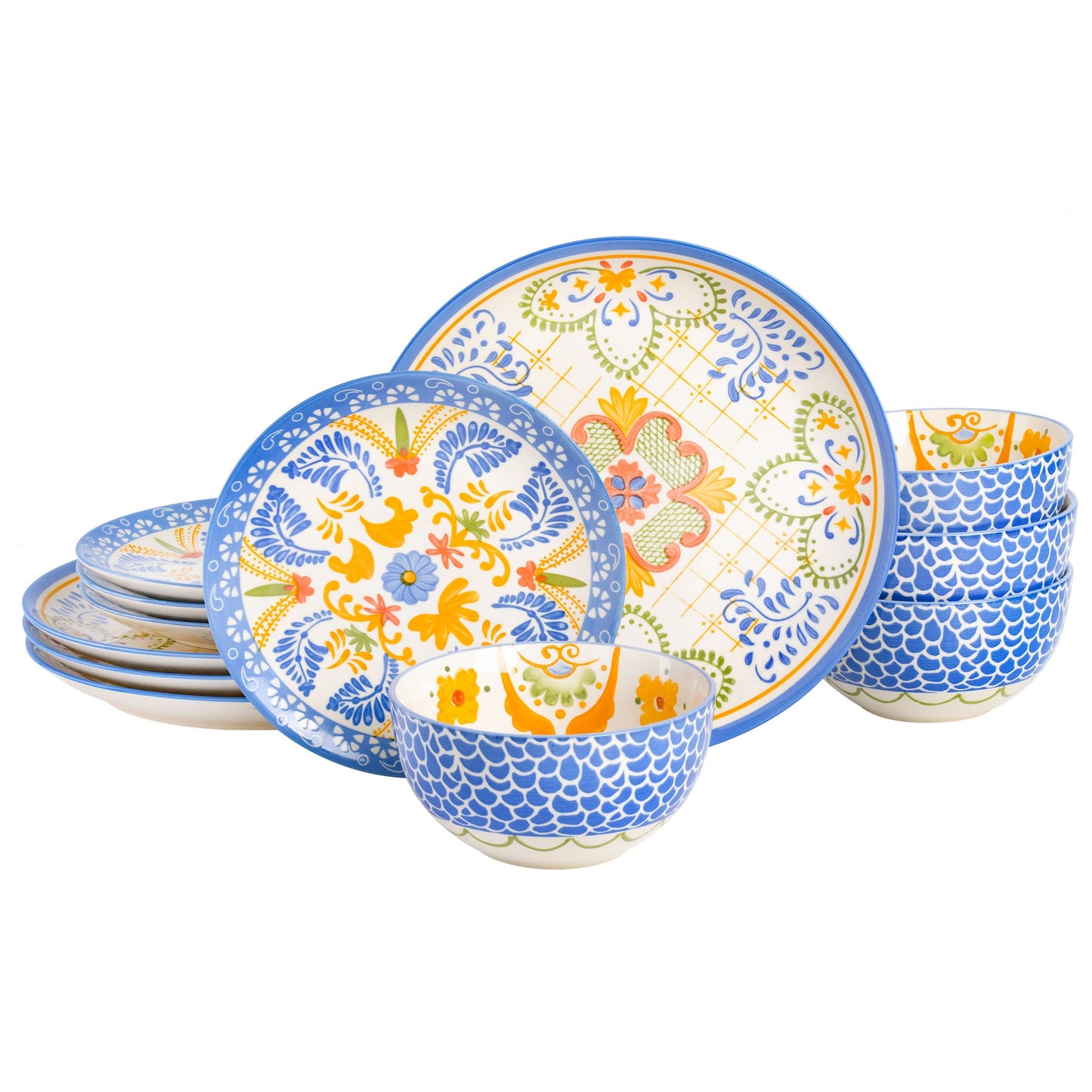 Laurie Gates Tierra Tile 12 Piece Round Stoneware Dinnerware Set in Assorted Designs W2B