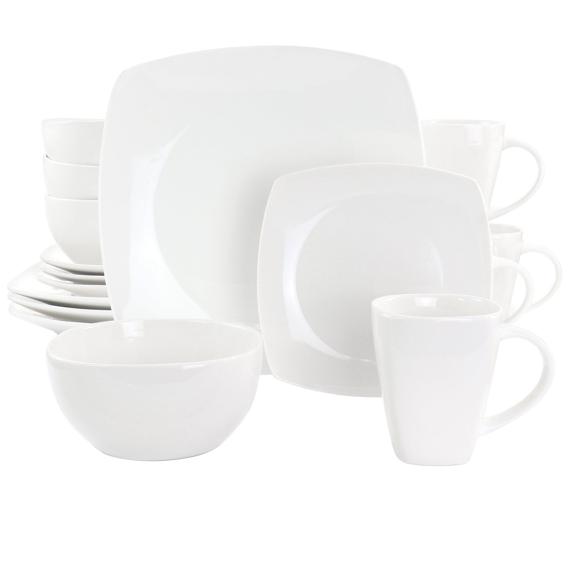 Gibson Elite Soho Lounge 16 Piece Square Fine Ceramic Dinnerware Set in White W2B