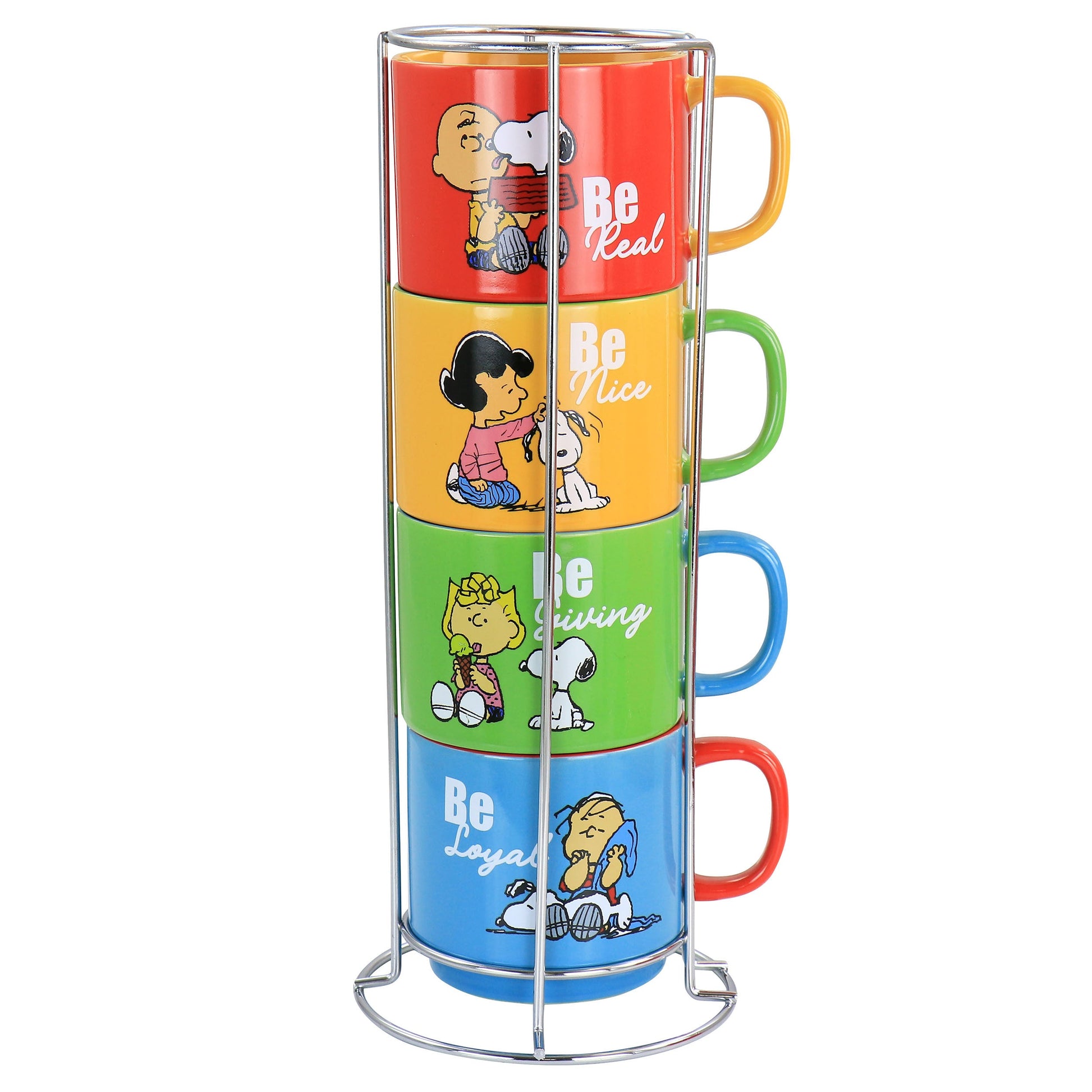 Gibson Peanuts Classic Gentle Reminders Collection 4 Piece Stoneware Stackable Mug Set with Metal Stand in Assorted Colors W2B