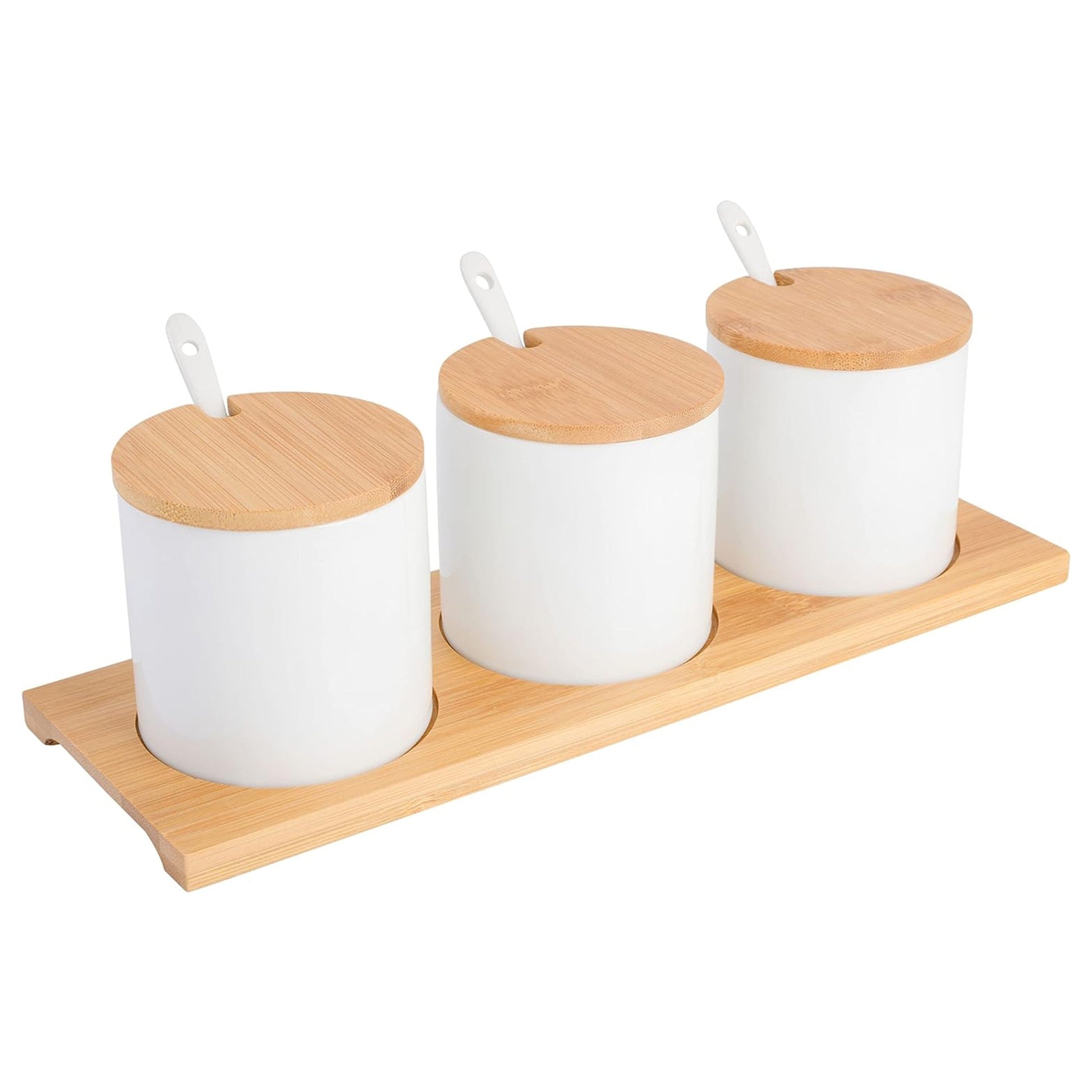 Gibson Gracious Dining 10 Piece Fine Ceramic Condiment Jars with Bamboo Lids and Spoons in White W2B