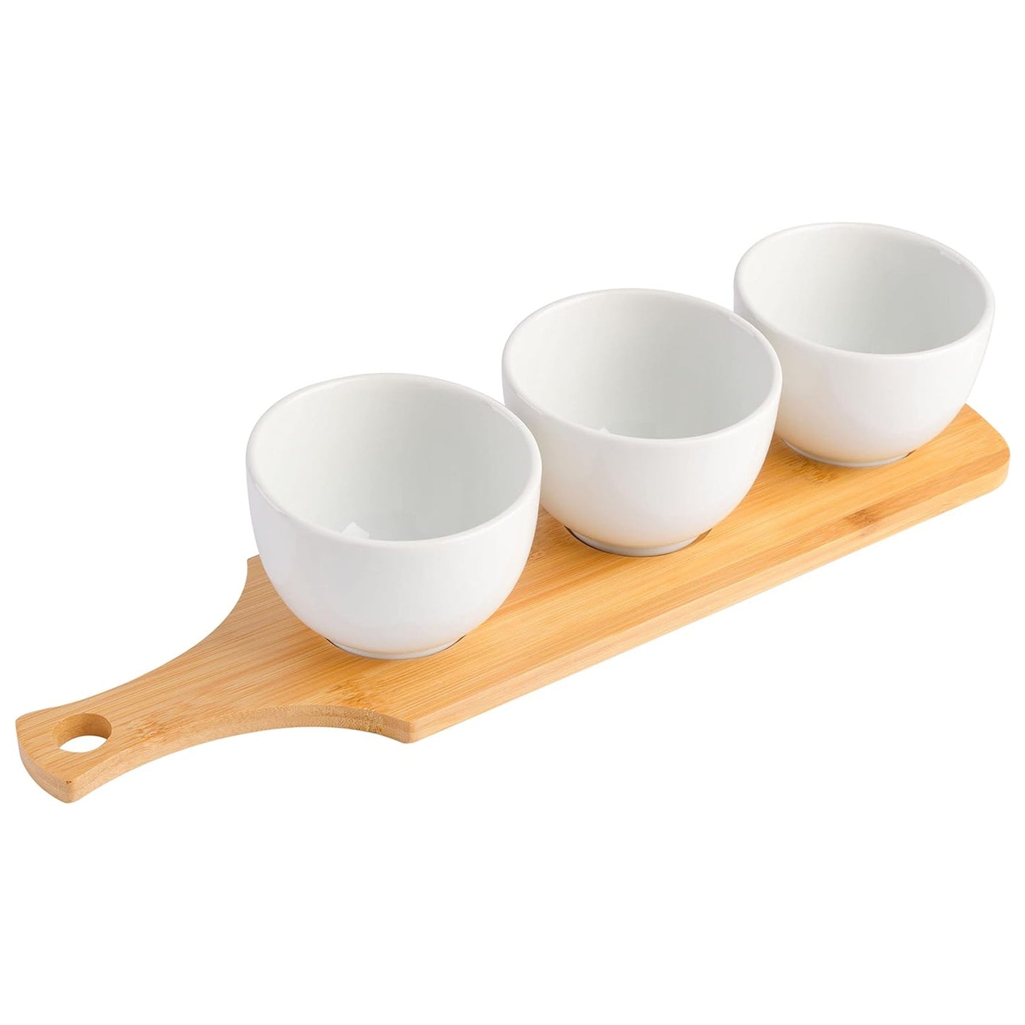 Gibson Gracious Dining 3 Piece White Fine Ceramic Tidbit Bowl Set with Bamboo Serving Tray W2B