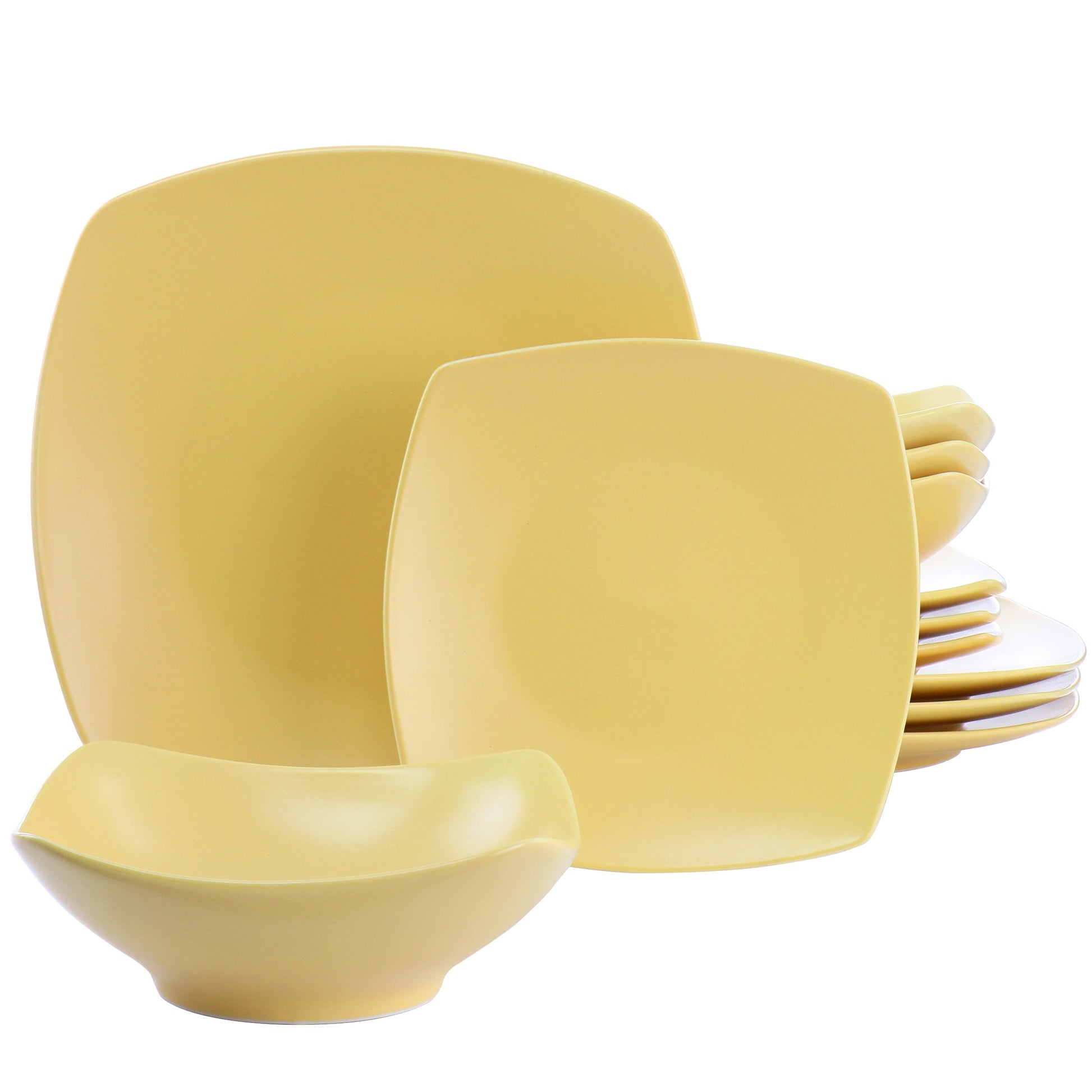 Gibson Home Zen Buffetware 12 Piece Square Fine Ceramic Dinnerware Set in Matte Yellow W2B