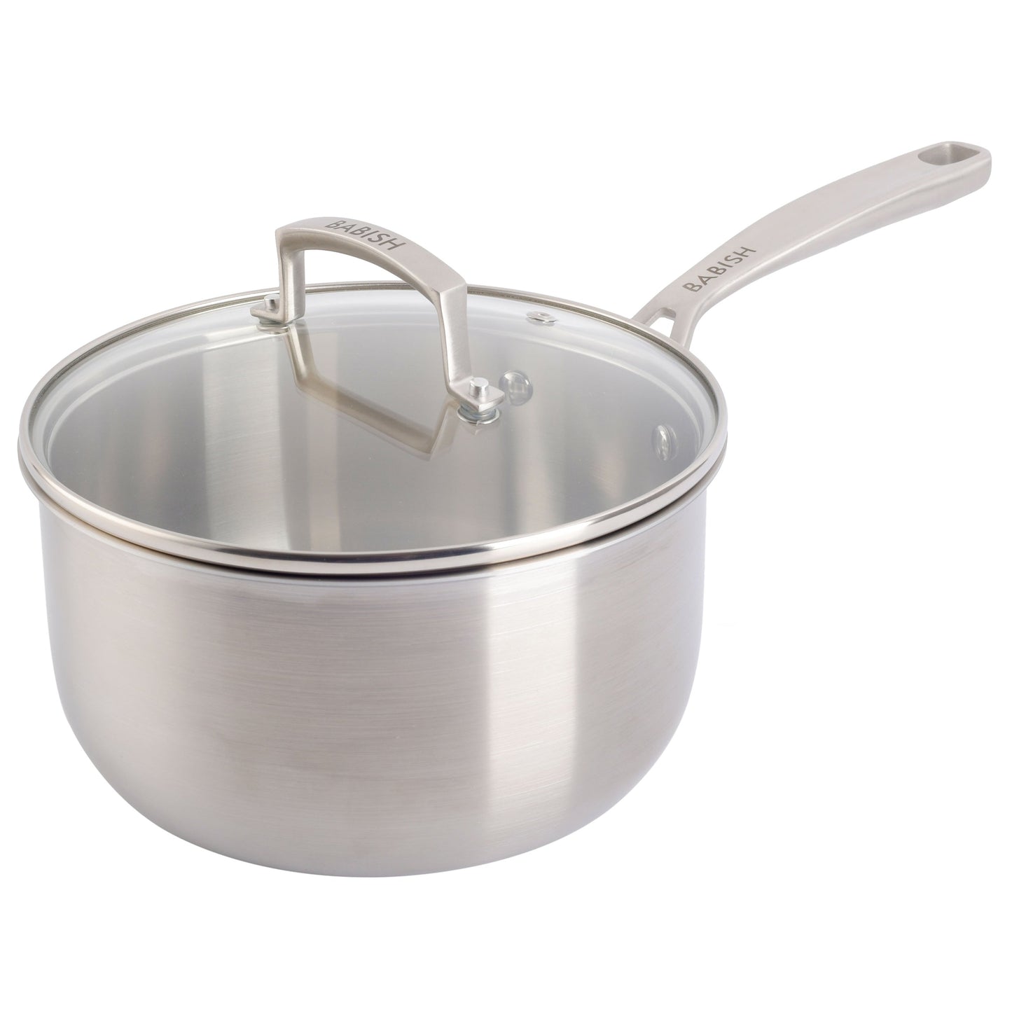 Babish 3.5 Quart Stainless Steel Tri-Ply Double Riveted Saucepan with Lid in Silver W2B