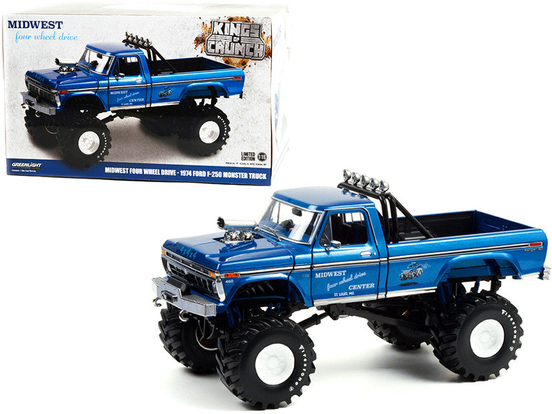 1974 Ford F-250 Ranger XLT Monster Truck with 48-Inch Tires Blue Metallic "Midwest Four Wheel Drive Center" "Kings of Crunch" Series 1/18 Diecast Model Car by Greenlight Greenlight