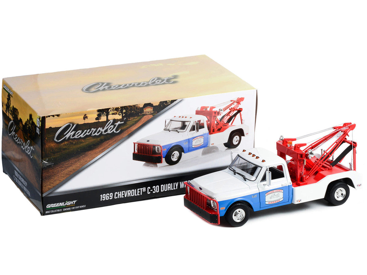 1969 Chevrolet C-30 Dually Wrecker Tow Truck White and Blue "Hazzard County Garage" 1/18 Diecast Model Car by Greenlight Greenlight