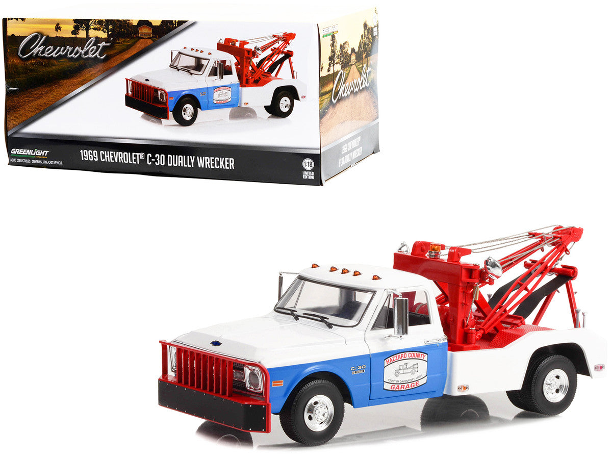 1969 Chevrolet C-30 Dually Wrecker Tow Truck White and Blue "Hazzard County Garage" 1/18 Diecast Model Car by Greenlight Greenlight