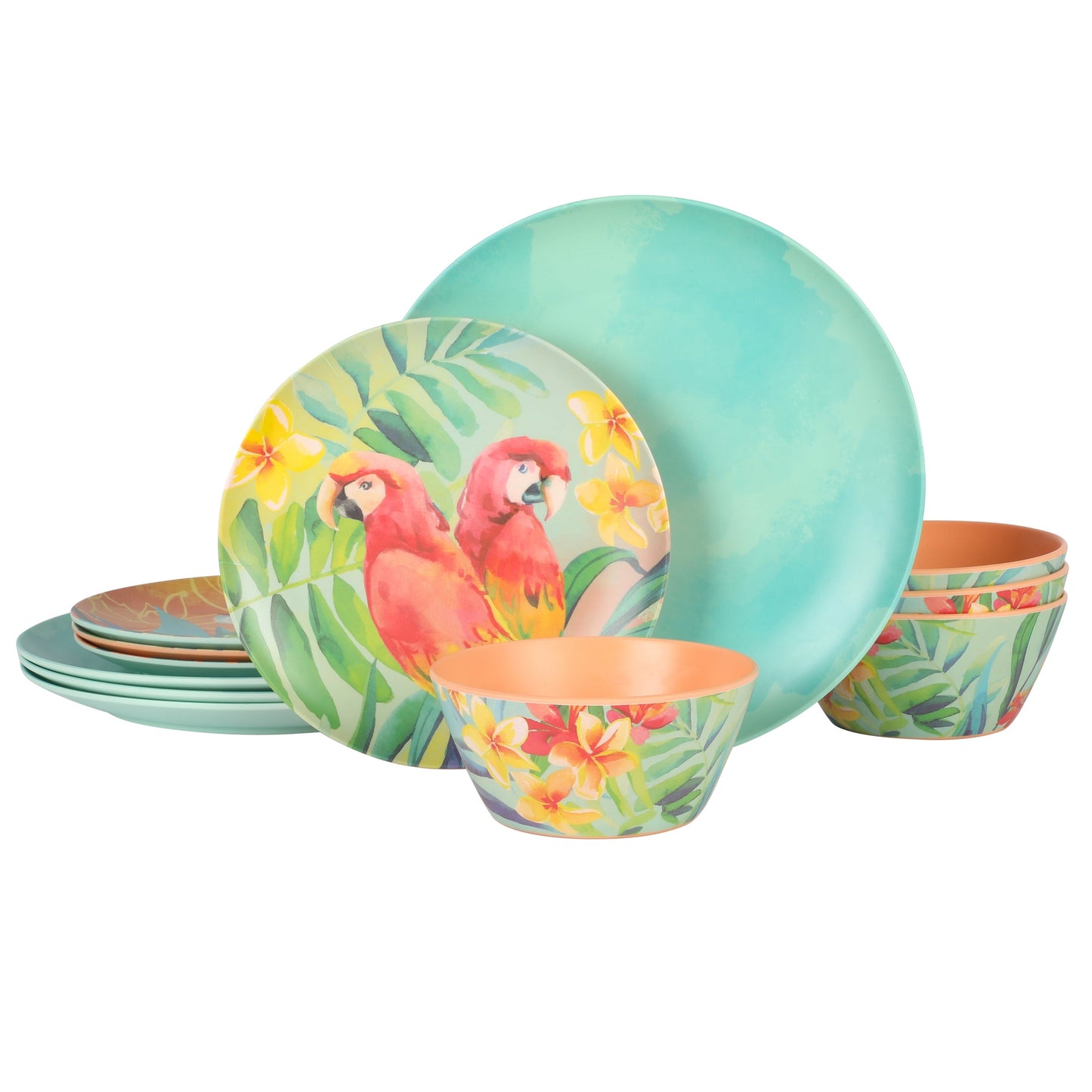 Laurie Gates Tropical Parrots 12 Piece Melamine Dinnerware Set in Assorted Designs W2B