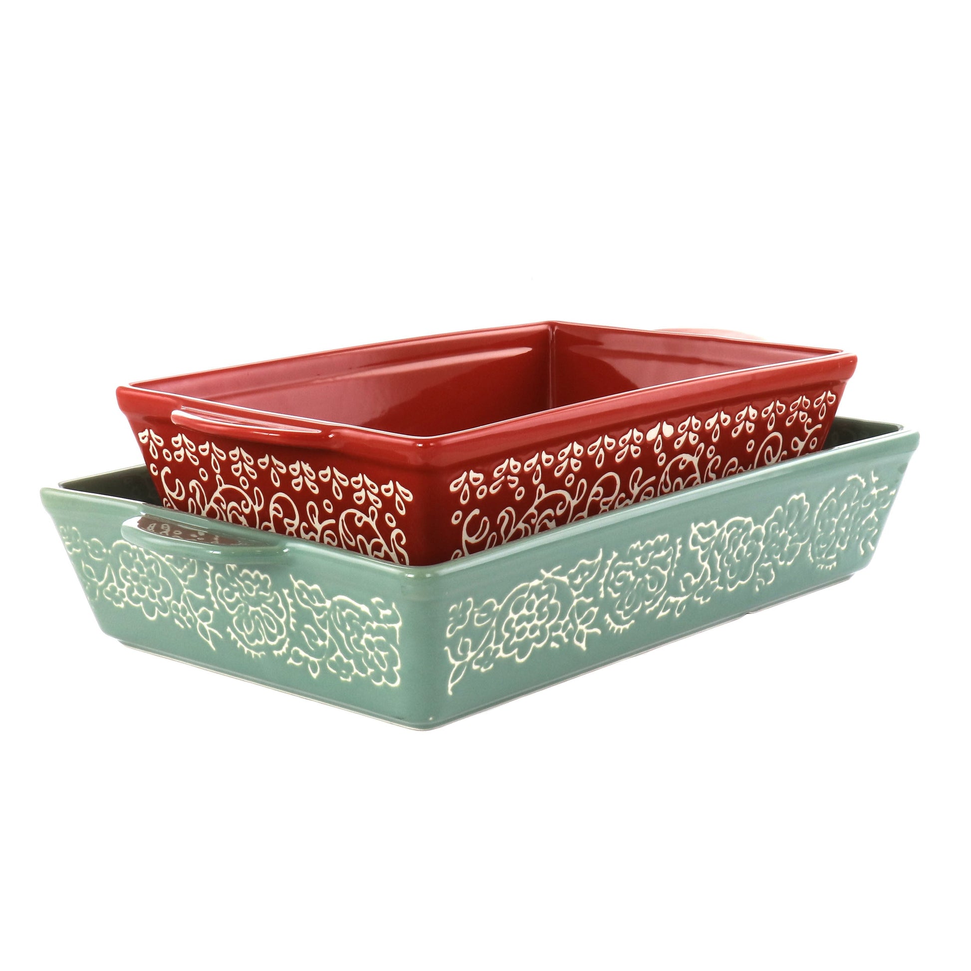 Laurie Gates 2 Piece Tierra Wax Relief Stoneware Baker Set in Red and Mint W2B