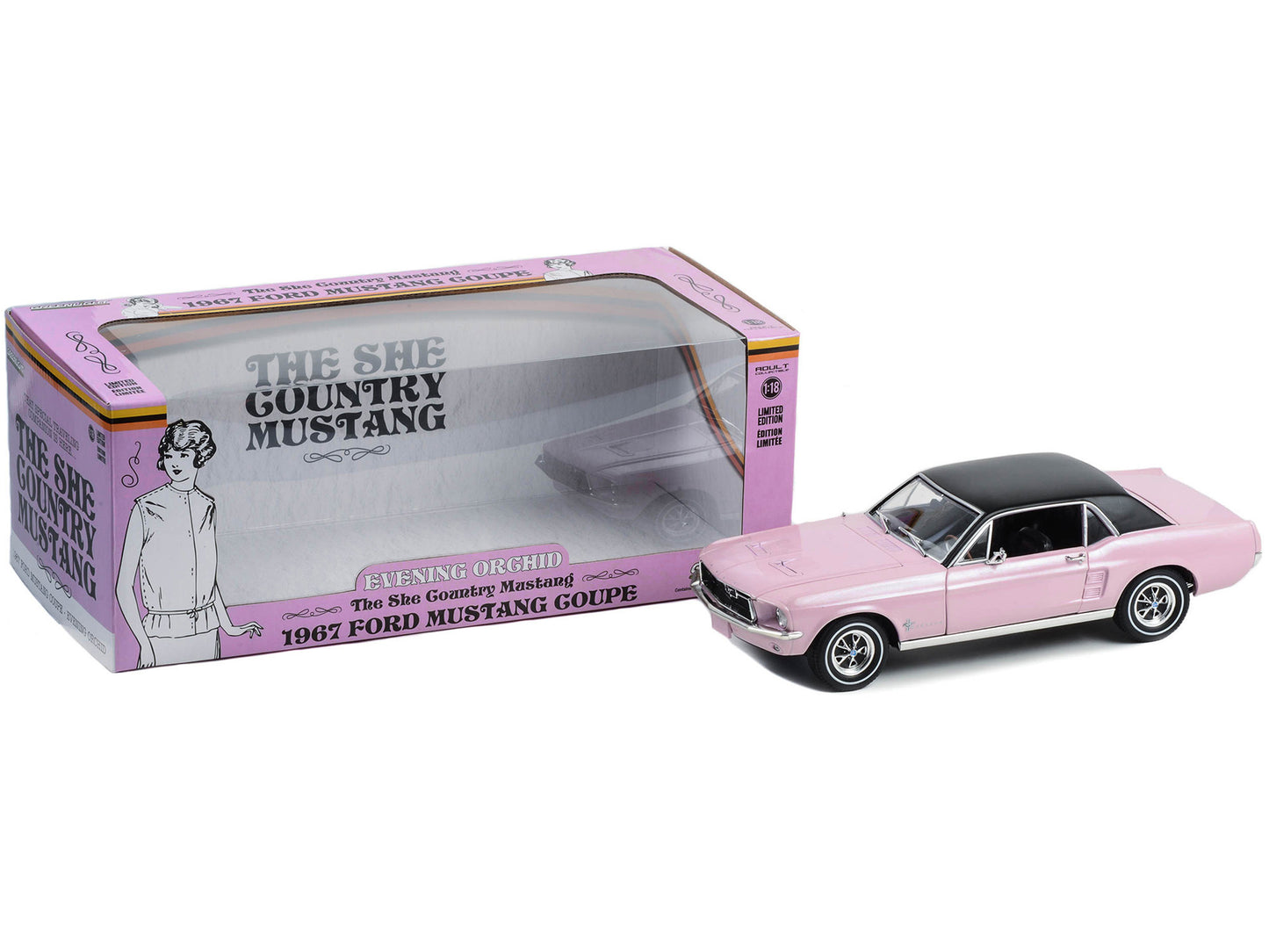 1967 Ford Mustang Coupe Evening Orchid Pink Metallic with Black Top "She Country Special - Bill Goodro Ford Denver Colorado" 1/18 Diecast Model Car by Greenlight