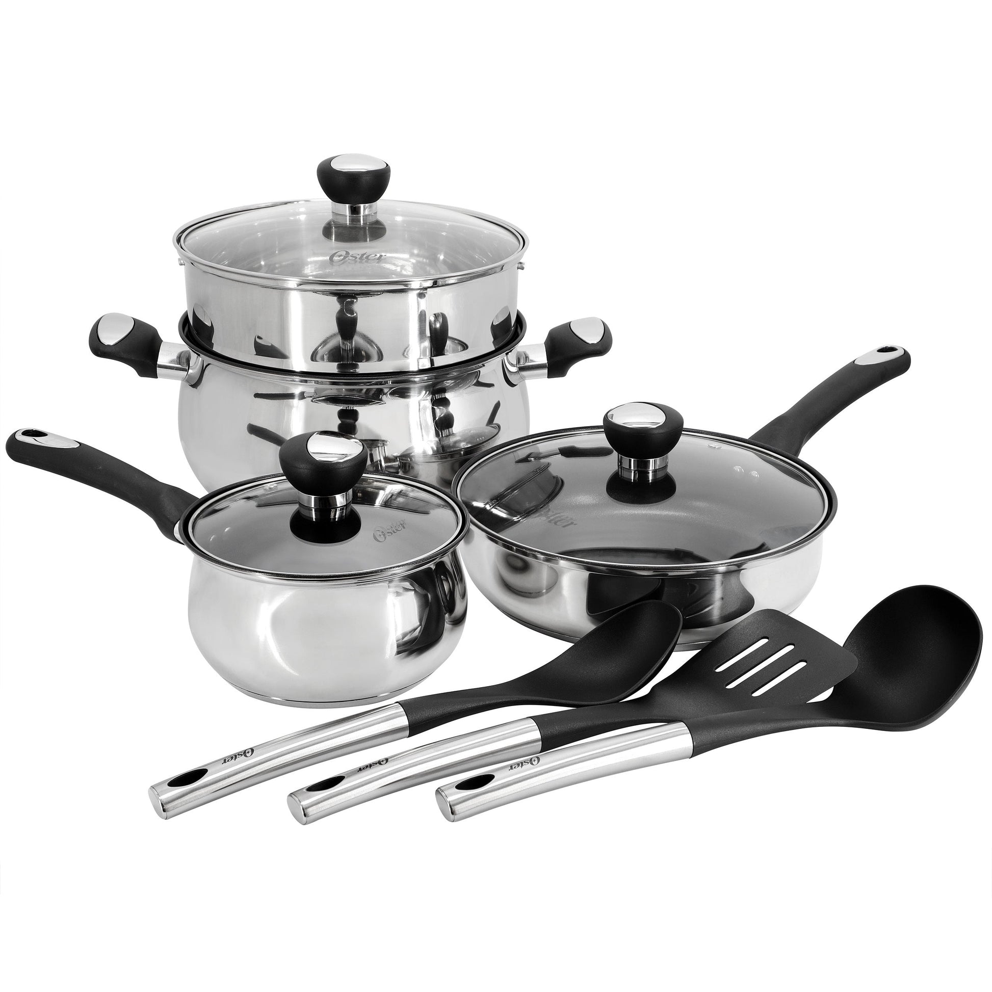 Oster Baldwyn 10 Piece Stainless Steel Belly-Shaped Nonstick Cookware and Utensil Set W2B