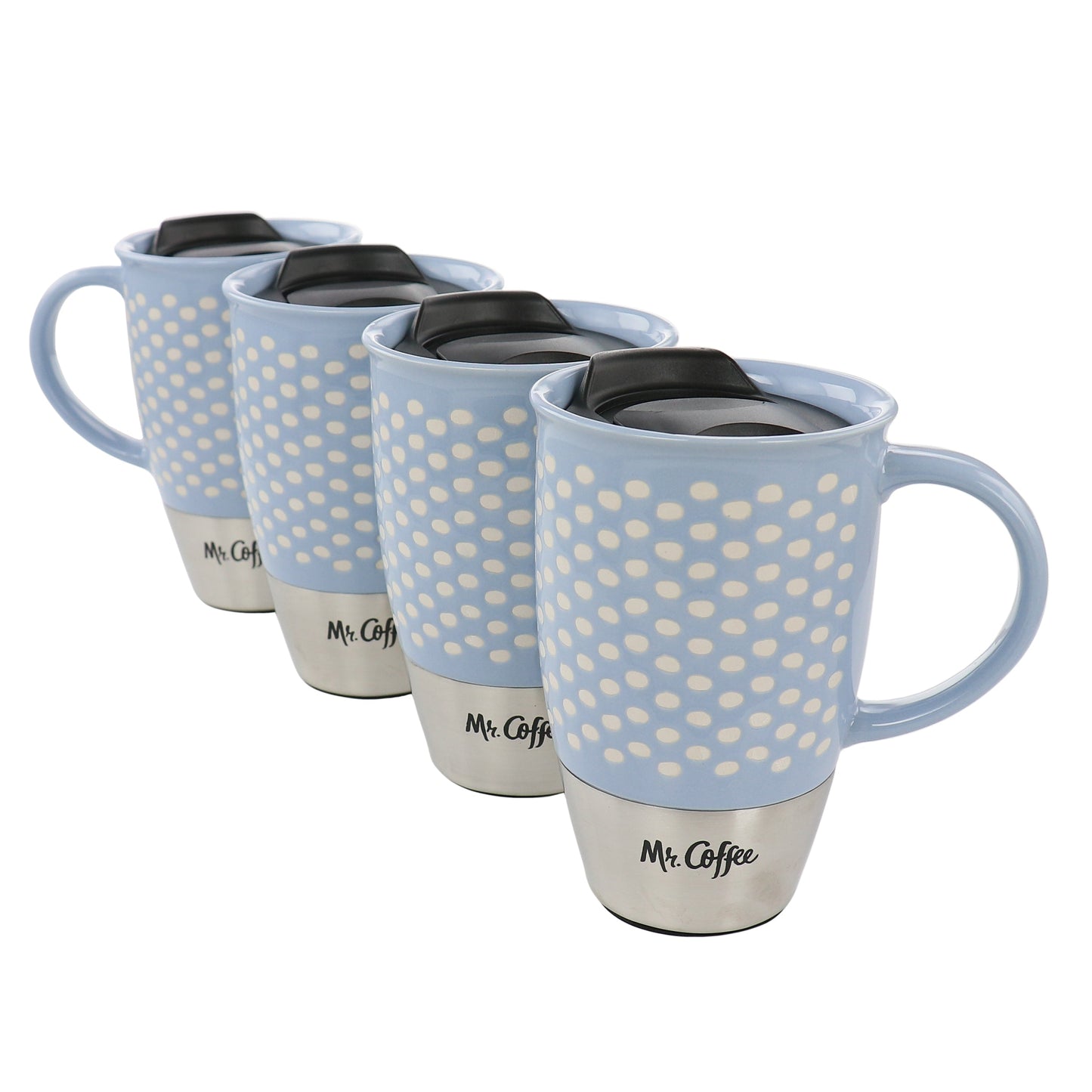 Mr. Coffee Coupleton Dot 4 Piece 15 Ounce Stoneware and Stainless Steel Travel Mug Set with Lid in Blue W2B