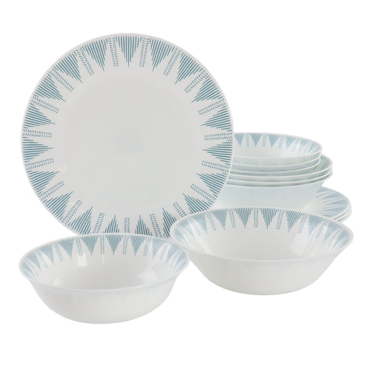 Ultra by Gibson Piper Point 12 Piece Opal Glass Dinnerware Set in White With Blue Accents W2B