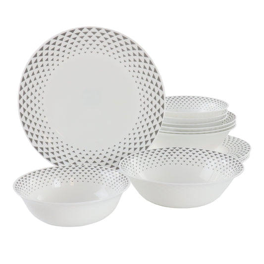 Ultra by Gibson Cane Peak 12 Piece Opal Glass Dinnerware Set in White With Grey Accents W2B